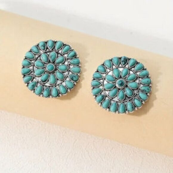 Round Turquoise Contrast Color Disc Stud Earrings - Picture 1 of 2